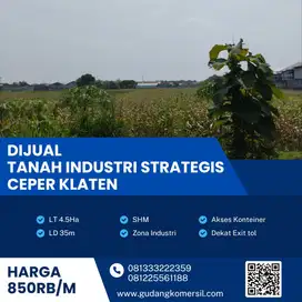 Dijual Cepat Lahan Zona Industri,Lokasi Ceper Klaten,Luas 4,5 Ha,Bu