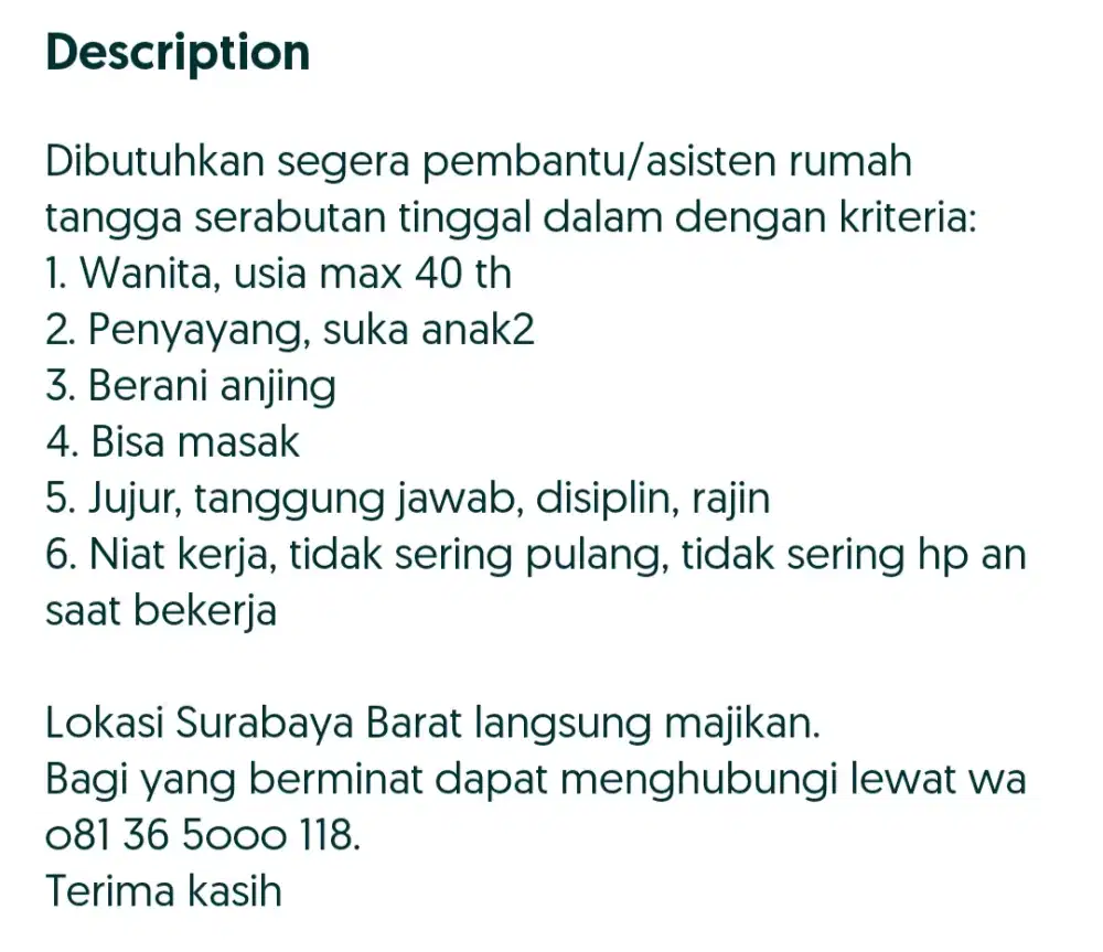 Lowongan Pembantu Warnen/Pulang Pergi Asisten Rumah Tangga (PRT/ART)