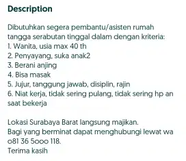 Lowongan Pembantu/Asisten Rumah Tangga (PRT/ART)