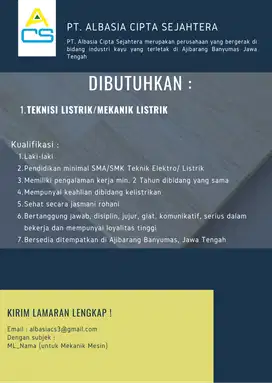 LOWONGAN KERJA TEKNISI LISTRIK ATAU MEKANIK LISTRIK