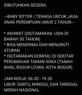 DIBUTUHKAN SEGERA!!! BABY SITTER / TENAGA JAGA ANAK PEREMPUAN