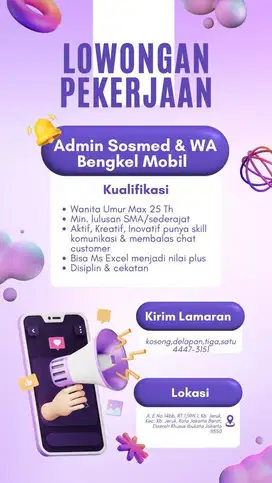 Lowongan Kerja Admin WA dan Sosmed Bengkel Mobil