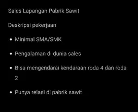 Sales Engineer untuk spare part pabrik sawit