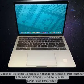 Macbook Pro 13in 2018 Touchbar RAM 8GB SSD 500GB Minus Layar