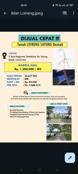 DI JUAL TANAH INDUSTRI DI SAYUNG - DEMAK