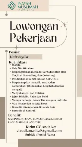 LOWONGAN KERJA INAYAH MUSLIMAH SALON DAN SPA