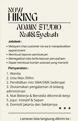 We Are Hiring ! Staff admin utk Salon Nail&Eyelash