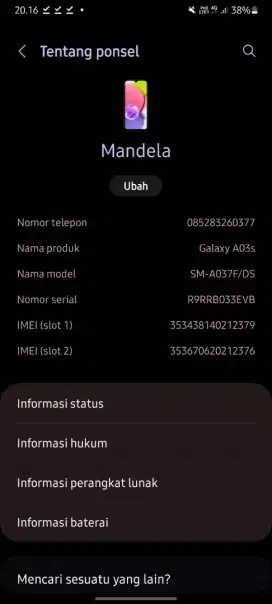 Di jual HP Samsung A03s warna blue mulus