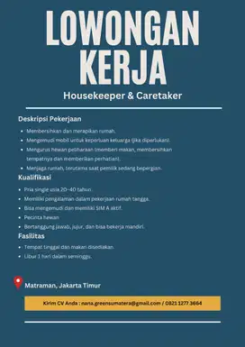 Lowongan kerja housekeeper, driver, penjaga rumah