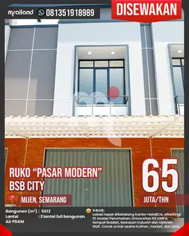 Disewakan Ruko Strategis Pasmod, BSB City, Mijen, Semarang