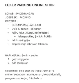 LOKER PACKING OLSHOP CEWEK / COWOK PADEMANGAN