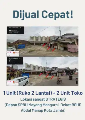 DIJUAL RUGI RUKO 2 LANTAI + 2 TOKO. STRATEGIS SEBERANG SPBU MAYANG