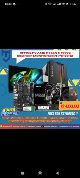 Office PC AMD Ryzen 5 4600G 8GB RAM Monitor 25In IPS 100Hz