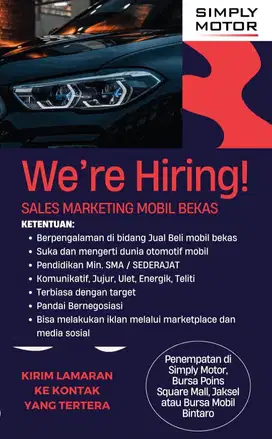 LOWONGAN SALES MARKETING SHOWROOM MOBIL BEKAS