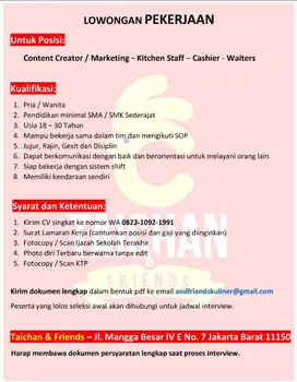 Lowongan Waiter Helper Kitchen Staff Kasir