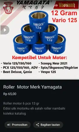 Jual roler motor baru utk vario 18 grm 6 pcs