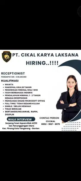 DI BUTUHKAN SEGERA RESEPSIONIS