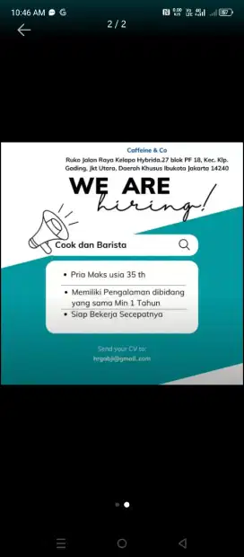 Loker Barista (Caffeine &co) & Stock Admin (Tempong Chandra)