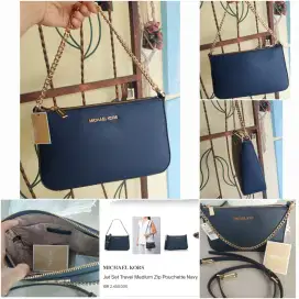 Michael Kors Jet Set Travel Medium Zip Pouchette Navy (Nego)