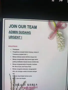 Lowongan Admin Sosmed E-Commerce dan Admin Gudang Urgent !