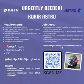 Dibutuhkan Kurir ASTRO Area Bintaro Sektor 9 dan PIK