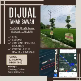 JUAL CEPAT TANAH SAWAH PINGGIR JALAN RAYA LOKASI STRATEGIS