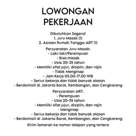 DICARI ART DAN JURU MASAK