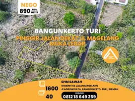 Tanah Pinggir Jalan Turi Bangunkerto Akses Mudah Muka Lebar