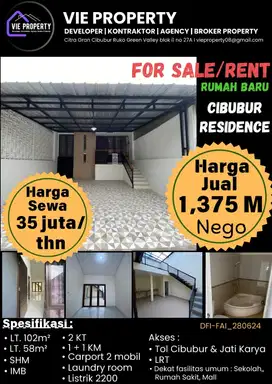 Di Jual / Di Sewakan Rumah Baru di Cibubur Residence