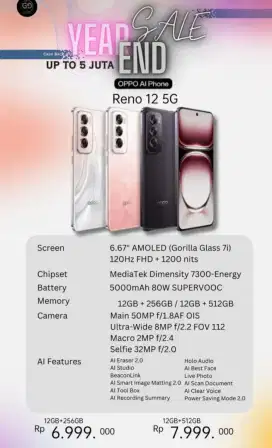 Oppo Reno 12 5G/12/256GB Bisa Kredit Tanpa DP