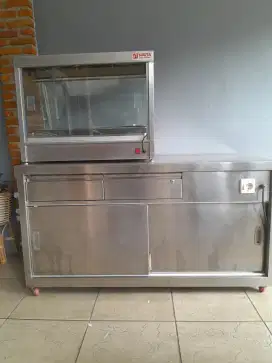 SATU SET PERLATAN FRIED CHICKEN 3 UNIT ETALASE,MEJA BOX DAN DEEPFRYER