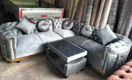 Sofa chesterfield sudut minimalis abu