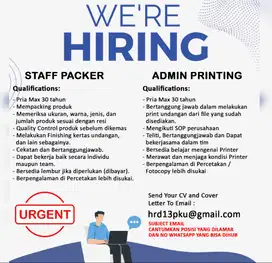 LOWONGAN KERJA ADMIN PRINTING & STAFF PACKER