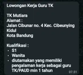 Dibutuhkan Guru TK