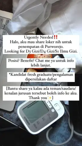 Urgent! Dicari lulusan Ilmu Gizi