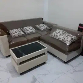 Sofa L Minimalis Bonus Bantal sofa + Meja