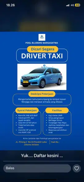 Lowongan pekerjaan driver taxi bluebird