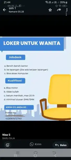 LOKER UTK WANITA BISA KOMPUTER DAN MOTOR