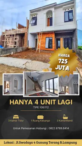 1 Unit lagi rumah 2 lantai siap bangun di swadaya 4 gunung terang