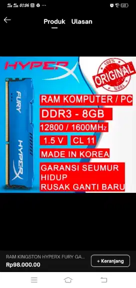 Ram Hyper x DDR3-8GB jual promo