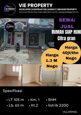 DISEWAKAN MURAH RUMAH SIAP HUNI DI CITRA GRAN CIBUBUR