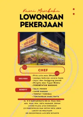 Di butuhkan cheff, di toko kue pukis