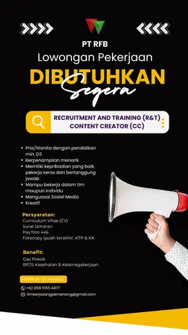 Dibutuhkan segera!!! Content Creator dan Recruitment and Training