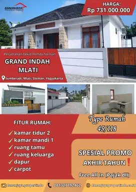 Akhir Tahun Spesial! Rumah Sleman Pinggir Jalan Aspal Free Pajak