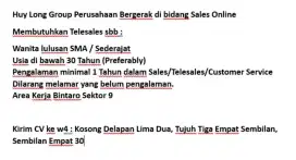 Dibutuhkan Staff Telesales (Urgent)