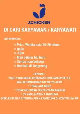 DI CARI KARYAWAN / KARYAWATI RESTORAN cepat saji