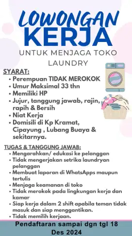 Dibutuhkan Karyawan untuk Menjaga Toko Laundry Koin di JakTim