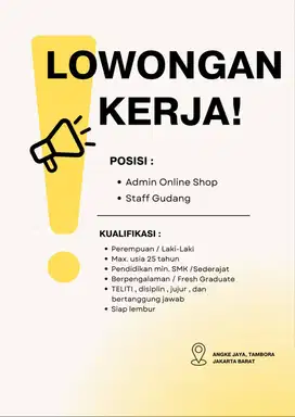 LOKER ADMIN ONLINE SHOP & STAFF GUDANG