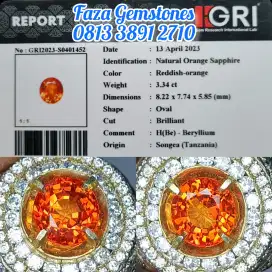 HQ Rare Reddish-Orange Sapphire Songea ~3.34ct~GRI~Clean, No Black dot