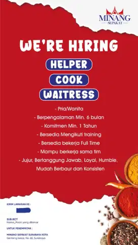 DIBUTUHKAN HELPER, COOK, WAITRESS